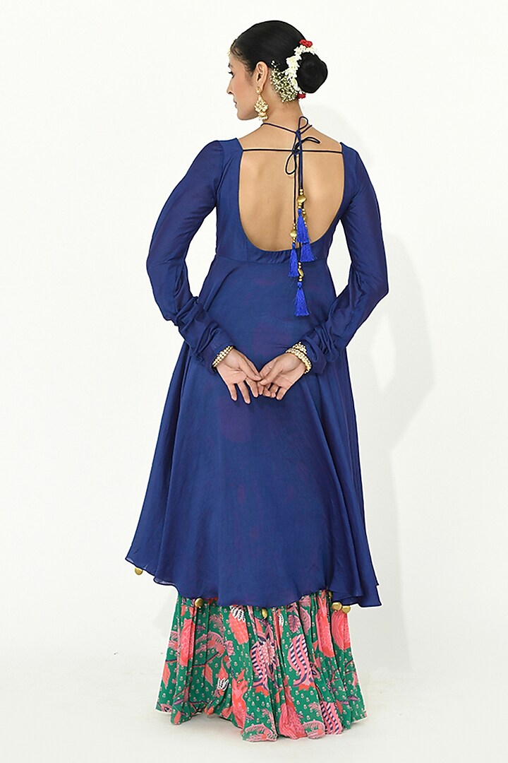 Indigo Blue Crepe & Chanderi Handcrafted Wedding Anarkali Set by Rishi & Vibhuti at Pernia's Pop Up Shop
