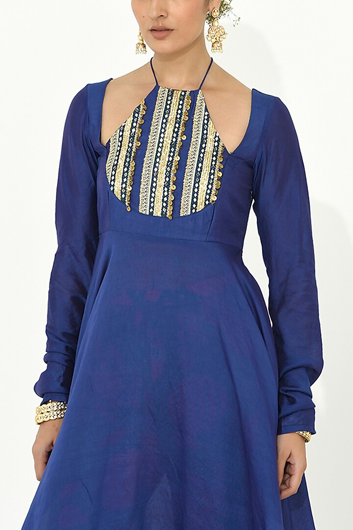 Indigo Blue Crepe & Chanderi Handcrafted Wedding Anarkali Set by Rishi & Vibhuti at Pernia's Pop Up Shop