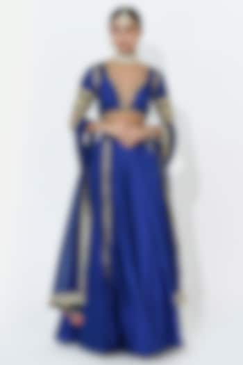 Blue Raw Dupion Silk Embroidered Lehenga Set by Rishi & Vibhuti