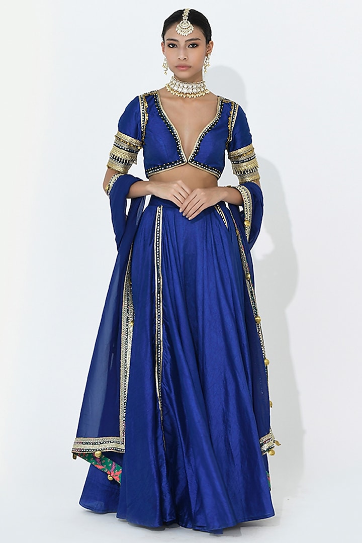 Blue Raw Dupion Silk Embroidered Lehenga Set by Rishi & Vibhuti