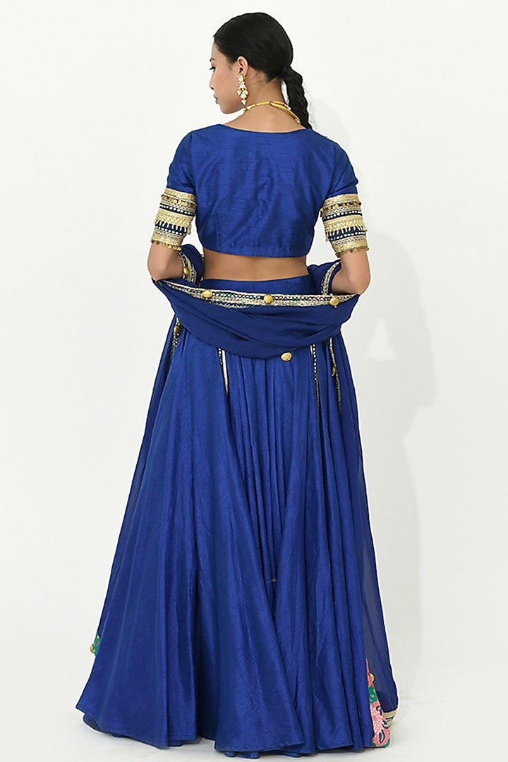 Blue Raw Dupion Silk Embroidered Wedding Lehenga Set by Rishi & Vibhuti at Pernia's Pop Up Shop