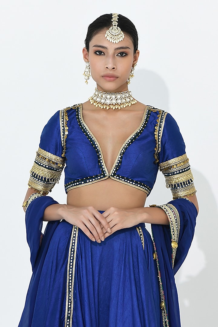 Blue Raw Dupion Silk Embroidered Wedding Lehenga Set by Rishi & Vibhuti at Pernia's Pop Up Shop