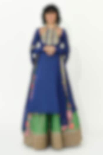 Blue Crepe & Chanderi Handcrafted Anarkali Set by Rishi & Vibhuti