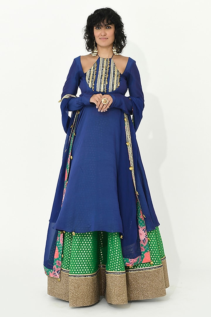 Blue Crepe & Chanderi Handcrafted Anarkali Set by Rishi & Vibhuti