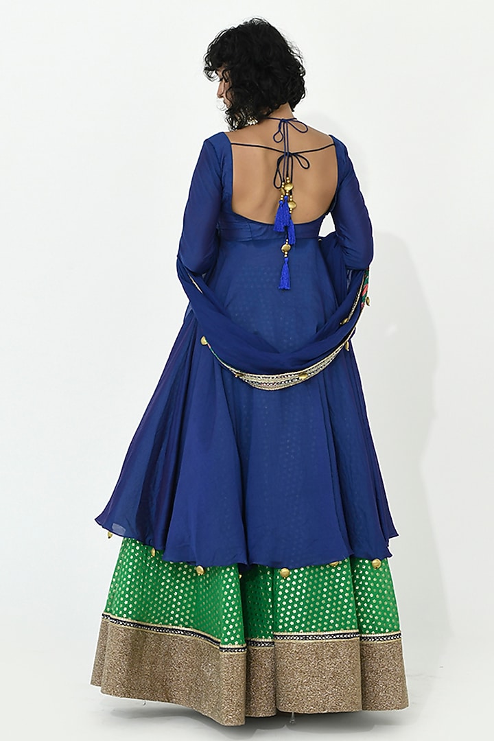 Blue Crepe & Chanderi Handcrafted Wedding Anarkali Set by Rishi & Vibhuti at Pernia's Pop Up Shop