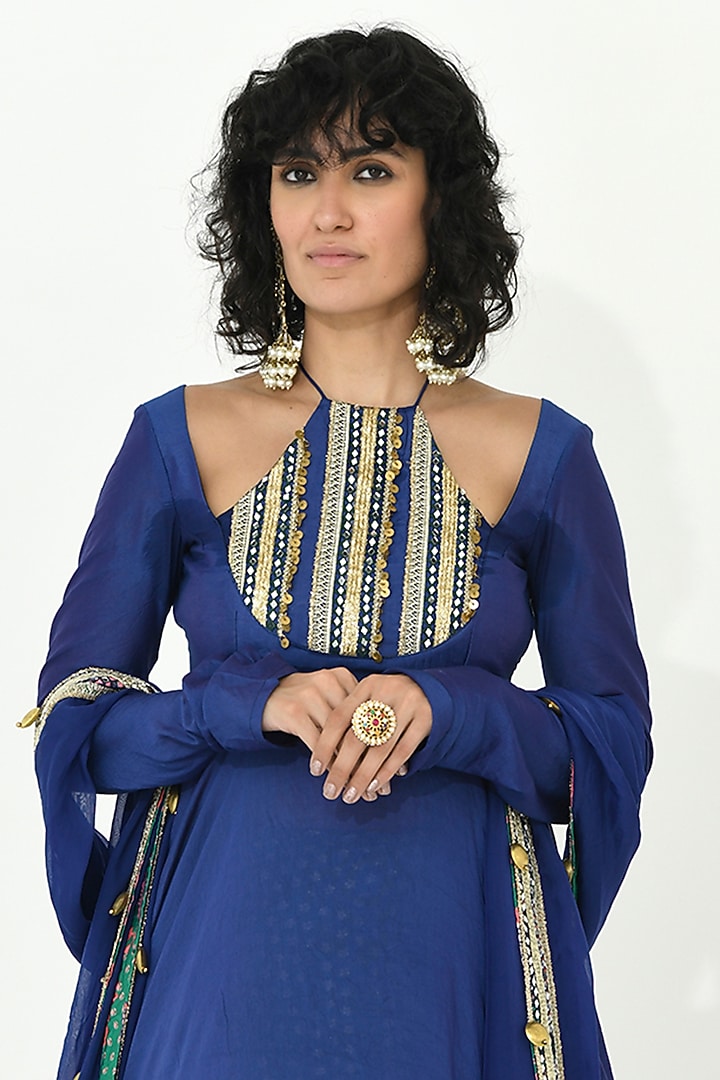 Blue Crepe & Chanderi Handcrafted Wedding Anarkali Set by Rishi & Vibhuti at Pernia's Pop Up Shop