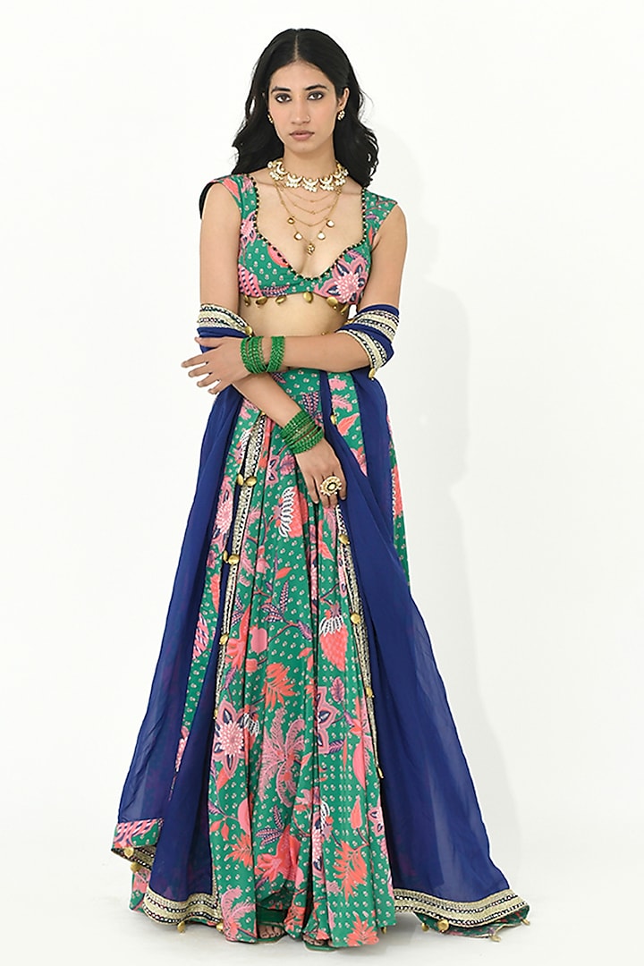 Jade Green Organza & Crepe Embellished Wedding Lehenga Set by Rishi & Vibhuti at Pernia's Pop Up Shop