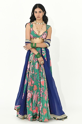 Jade Green Organza & Crepe Embellished Lehenga Set by Rishi & Vibhuti
