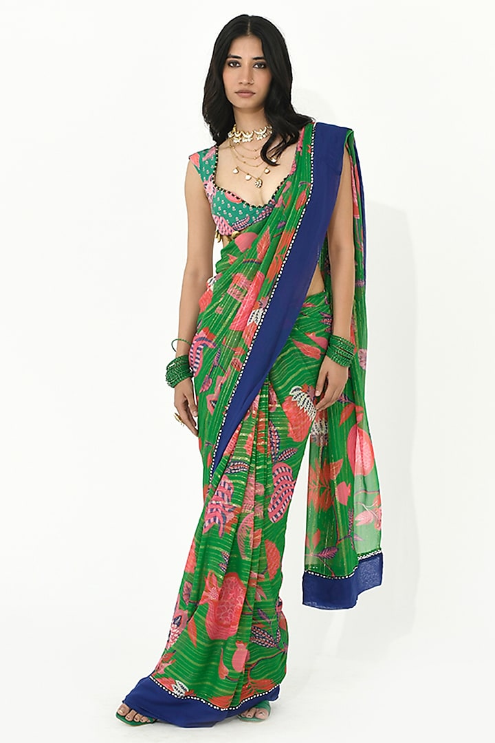 Jade Green Georgette & Crepe Printed Saree Set by Rishi & Vibhuti at Pernia's Pop Up Shop