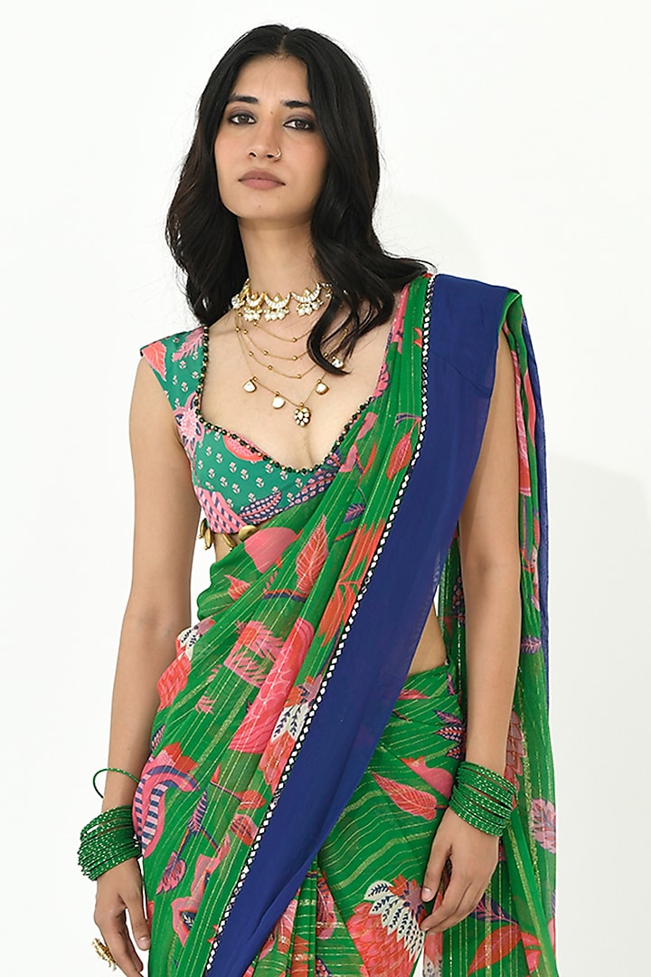 Jade Green Georgette & Crepe Printed Wedding Saree Set by Rishi & Vibhuti at Pernia's Pop Up Shop