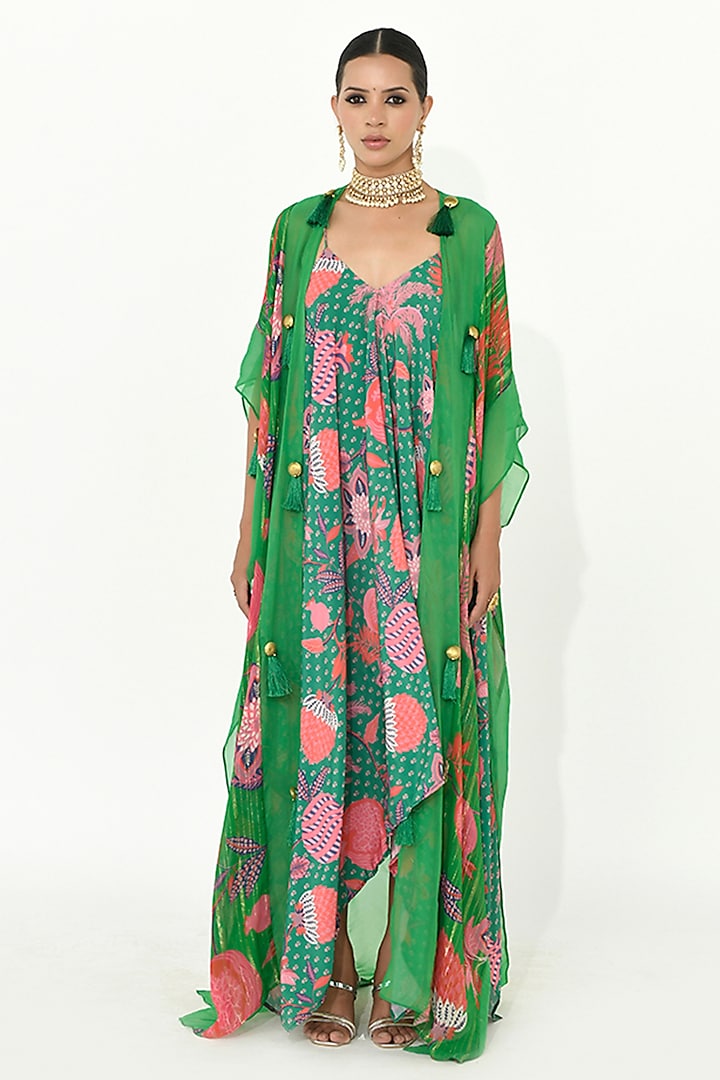 Jade Green Organza & Crepe Silk Printed Jacket Dress by Rishi & Vibhuti