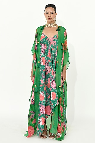 Jade Green Organza & Crepe Silk Printed Jacket Dress by Rishi & Vibhuti