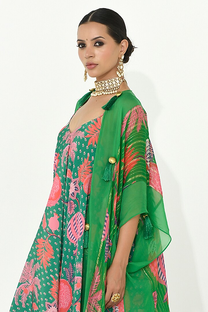 Jade Green Organza & Crepe Silk Printed Jacket Cocktail Dress by Rishi & Vibhuti at Pernia's Pop Up Shop