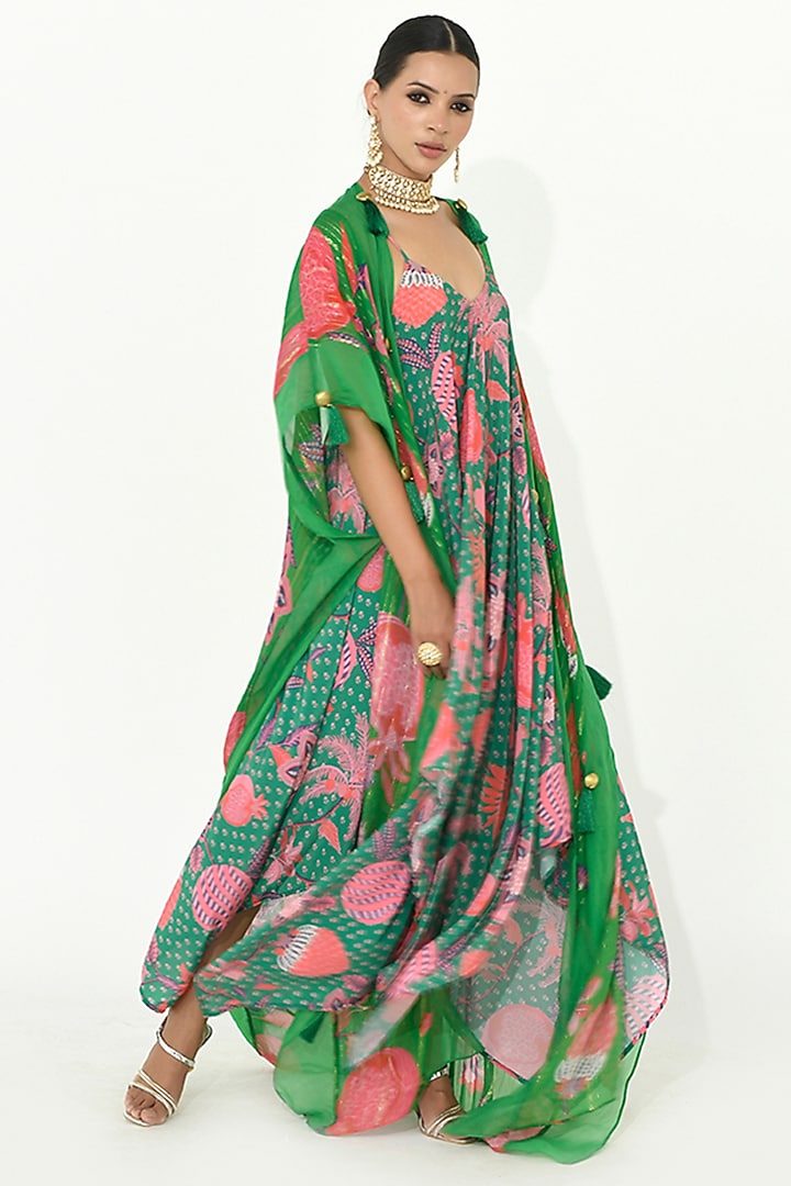 Jade Green Organza & Crepe Silk Printed Jacket Cocktail Dress by Rishi & Vibhuti at Pernia's Pop Up Shop