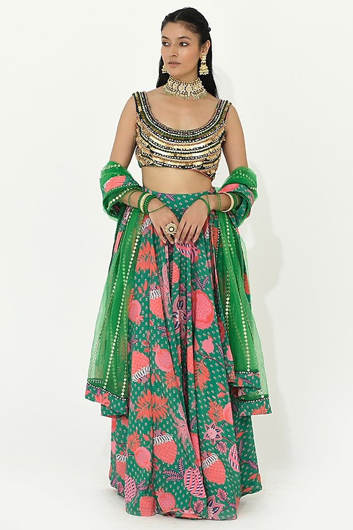 Jade Green Net & Crepe Printed Wedding Lehenga Set by Rishi & Vibhuti at Pernia's Pop Up Shop