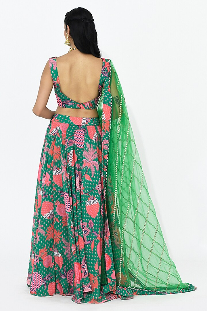Jade Green Net & Crepe Printed Wedding Lehenga Set by Rishi & Vibhuti at Pernia's Pop Up Shop