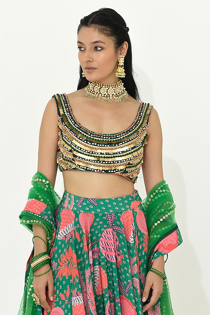 Jade Green Net & Crepe Printed Wedding Lehenga Set by Rishi & Vibhuti at Pernia's Pop Up Shop