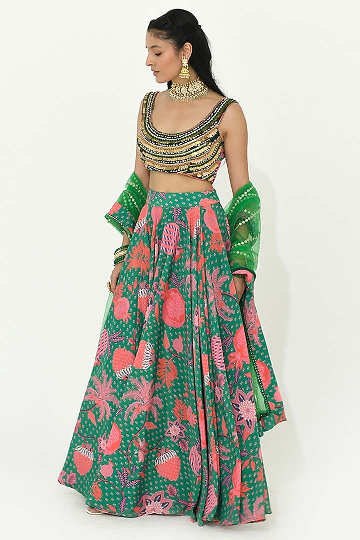 Jade Green Net & Crepe Printed Wedding Lehenga Set by Rishi & Vibhuti at Pernia's Pop Up Shop
