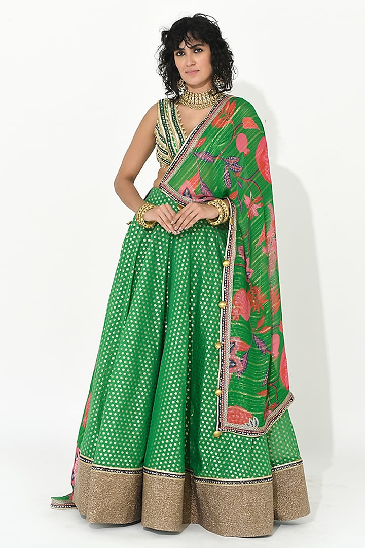 Jade Green Chanderi & Georgette Embroidered Lehenga Set by Rishi & Vibhuti