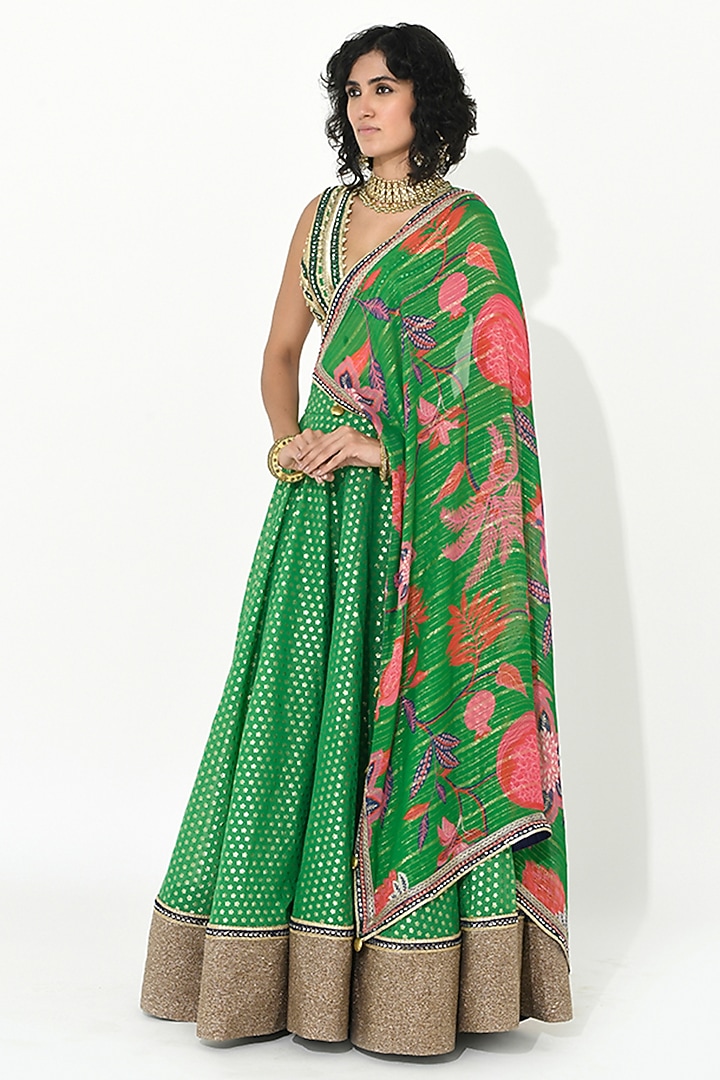 Jade Green Chanderi & Georgette Embroidered Wedding Lehenga Set by Rishi & Vibhuti at Pernia's Pop Up Shop