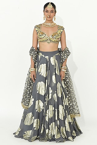 Fossil Grey Raw Silk Bead Work Blouse by Rishi & Vibhuti