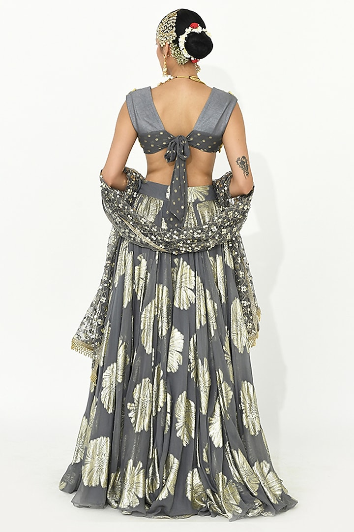 Fossil Grey Raw Silk Bead Work Blouse by Rishi & Vibhuti at Pernia's Pop Up Shop