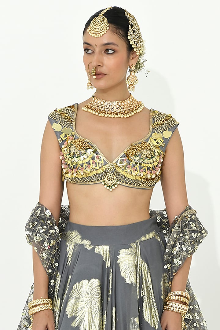 Fossil Grey Raw Silk Bead Work Blouse by Rishi & Vibhuti at Pernia's Pop Up Shop