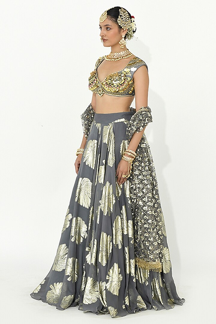 Fossil Grey Raw Silk Bead Work Blouse by Rishi & Vibhuti at Pernia's Pop Up Shop