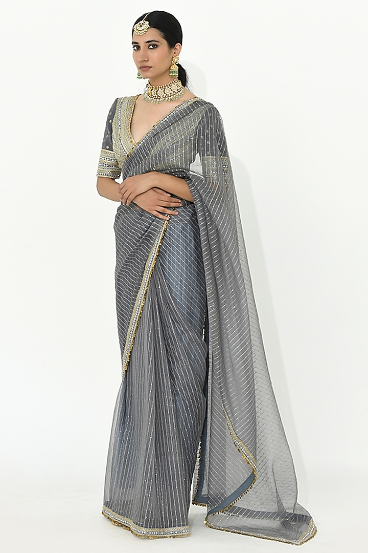 Fossil Grey Georgette & Organza Saree Set by Rishi & Vibhuti at Pernia's Pop Up Shop