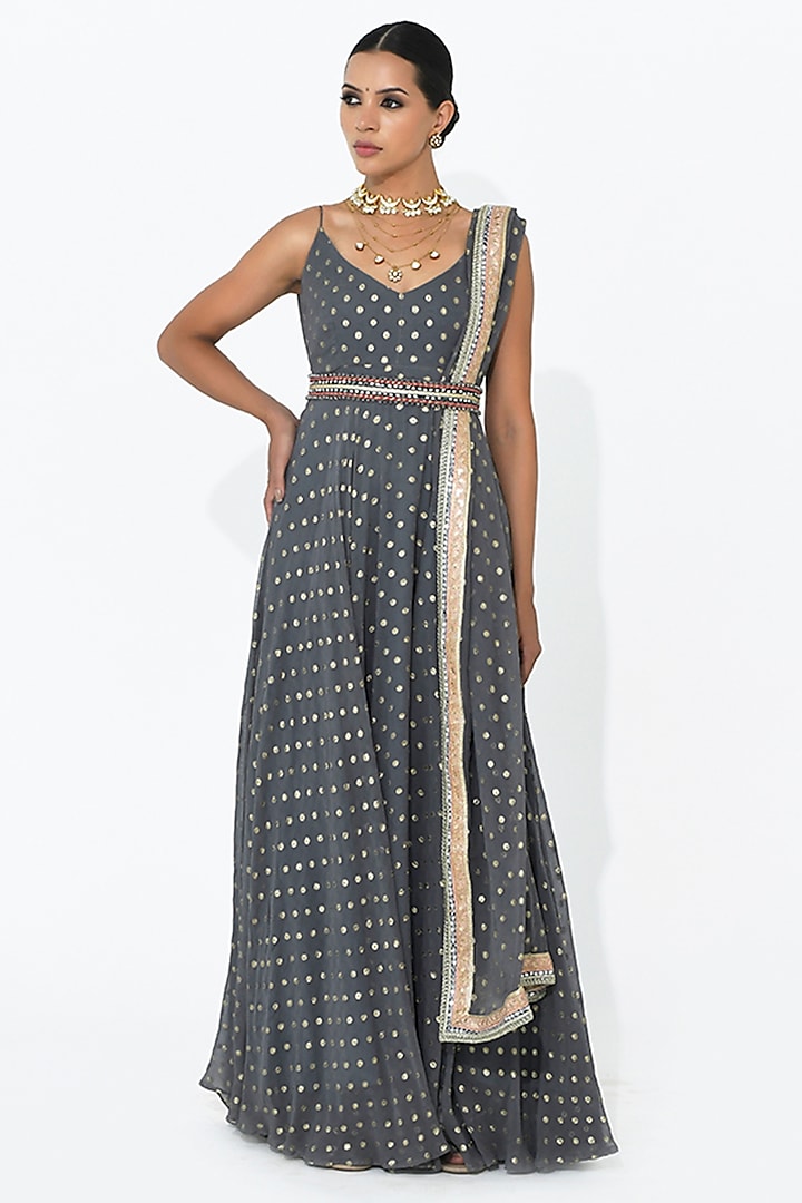 Fossil Grey Georgette Anarkali Set by Rishi & Vibhuti