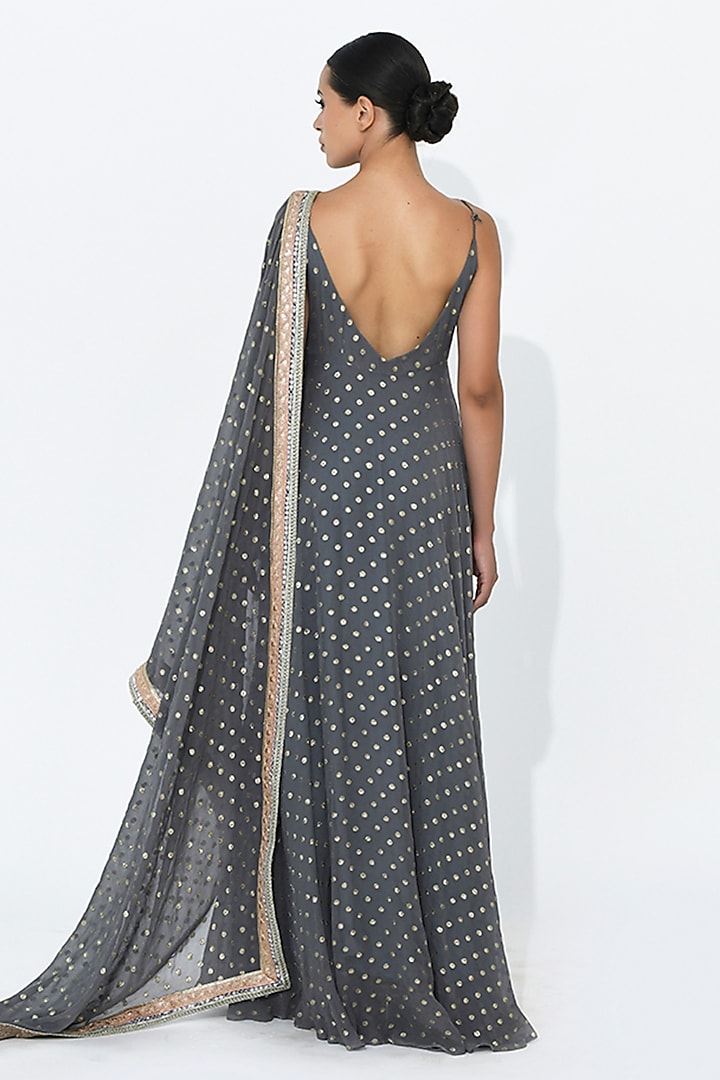Fossil Grey Georgette Wedding Anarkali Set by Rishi & Vibhuti at Pernia's Pop Up Shop