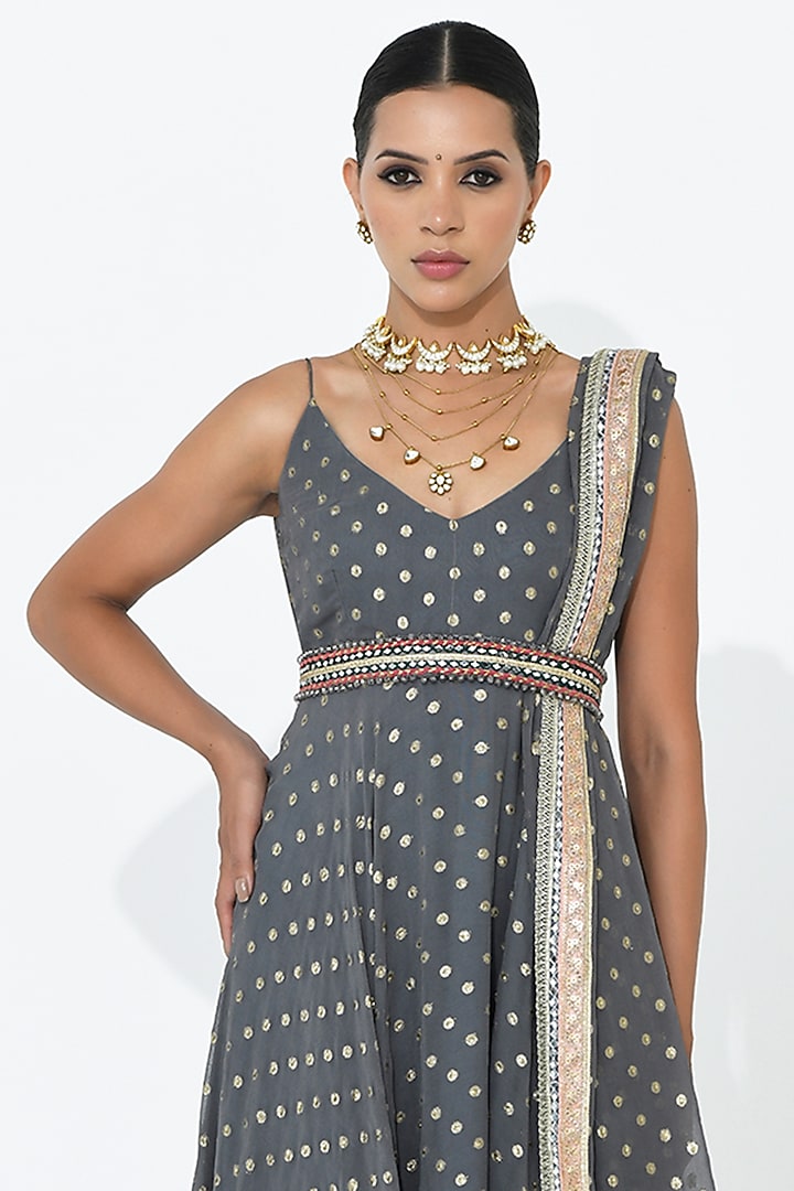 Fossil Grey Georgette Wedding Anarkali Set by Rishi & Vibhuti at Pernia's Pop Up Shop