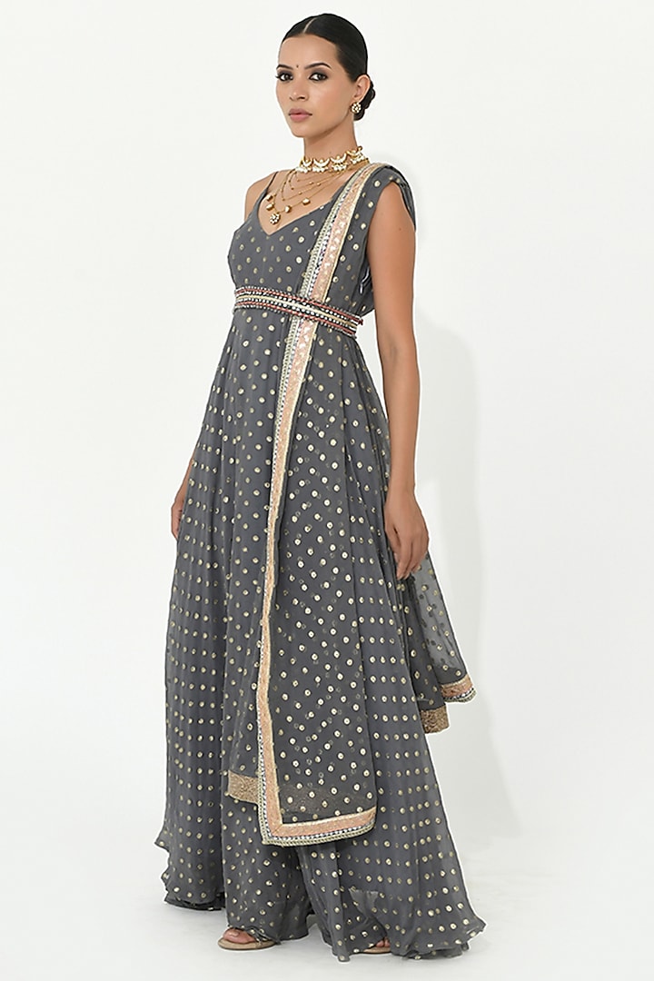 Fossil Grey Georgette Wedding Anarkali Set by Rishi & Vibhuti at Pernia's Pop Up Shop