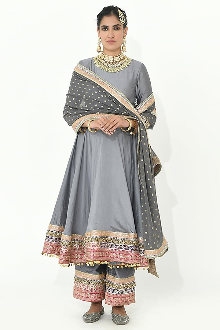 Fossil Grey Georgette & Chanderi Applique Work Anarkali Set by Rishi & Vibhuti