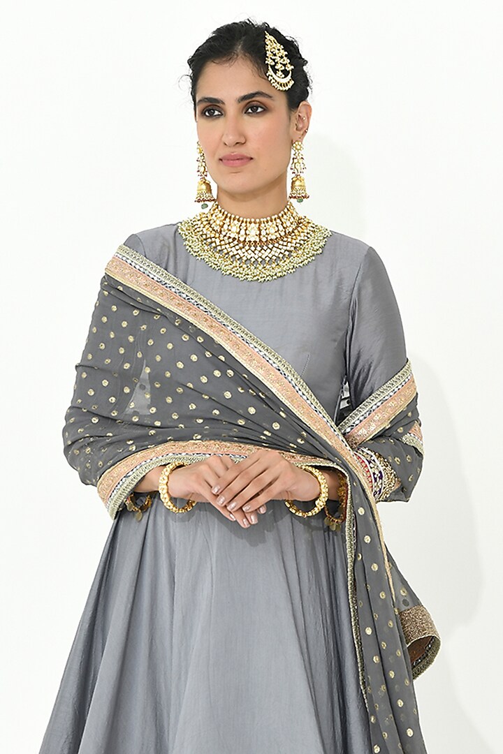 Fossil Grey Georgette & Chanderi Applique Work Wedding Anarkali Set by Rishi & Vibhuti at Pernia's Pop Up Shop