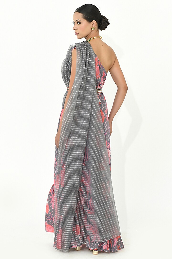 Fossil Grey Crepe & Organza Cocktail Dress With Dupatta by Rishi & Vibhuti at Pernia's Pop Up Shop