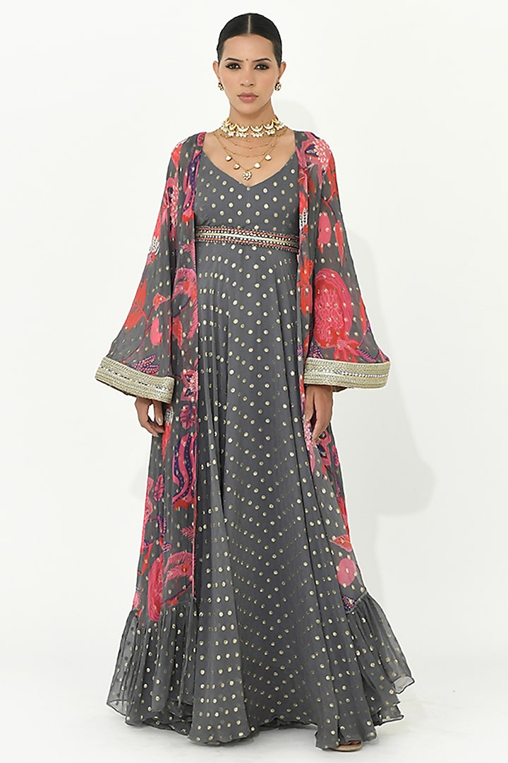 Fossil Grey Georgette Applique Work Anarkali Set by Rishi & Vibhuti