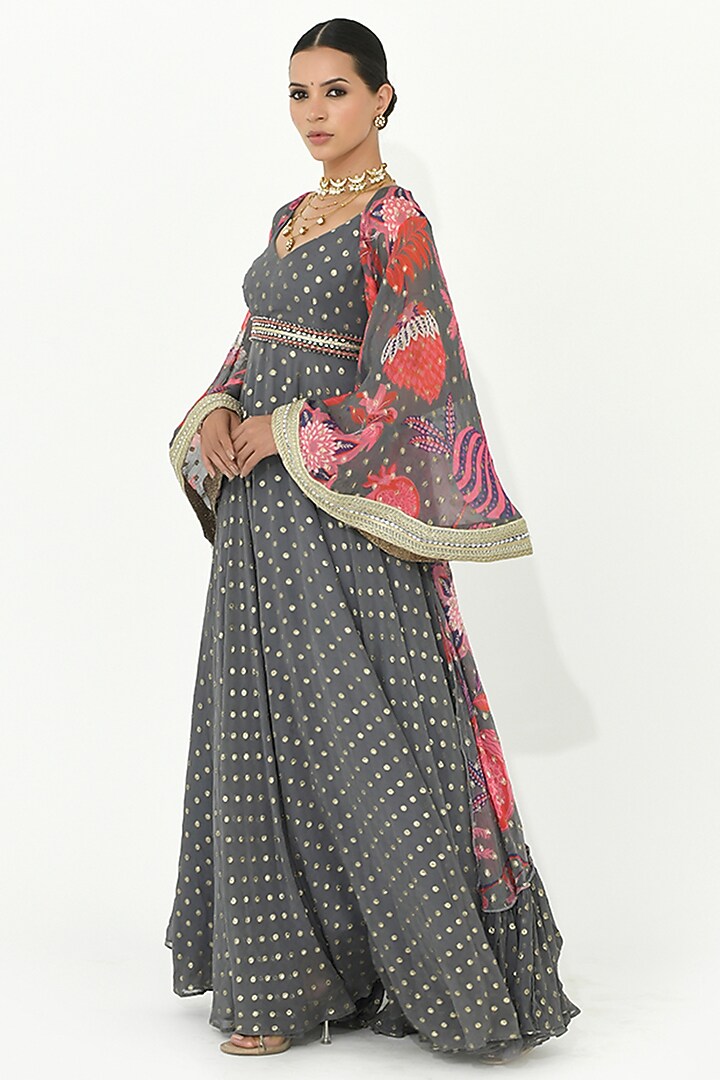 Fossil Grey Georgette Applique Work Wedding Anarkali Set by Rishi & Vibhuti at Pernia's Pop Up Shop