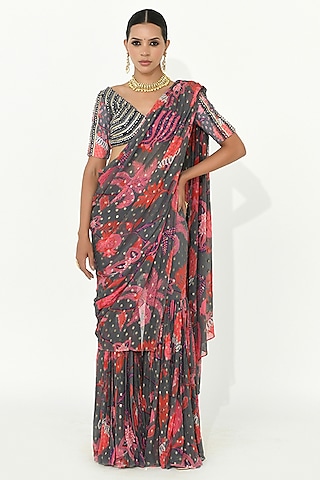 Fossil Grey Georgette & Crepe Hand Embroidered Pant Saree Set by Rishi & Vibhuti