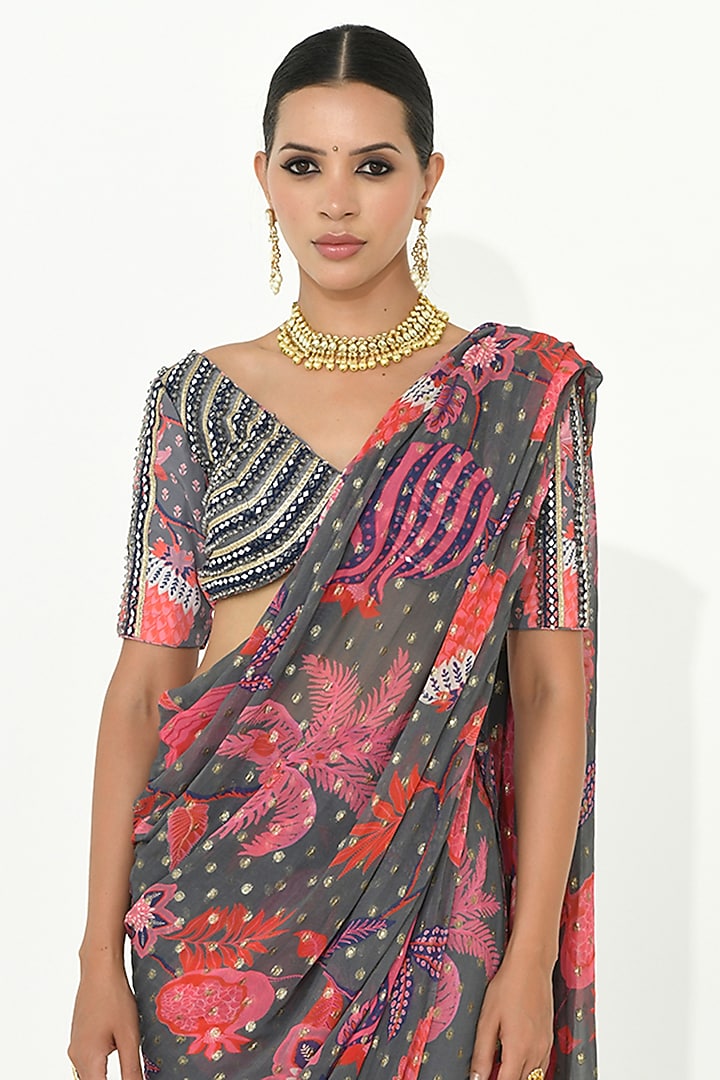 Fossil Grey Georgette & Crepe Hand Embroidered Pant Wedding Saree Set by Rishi & Vibhuti at Pernia's Pop Up Shop