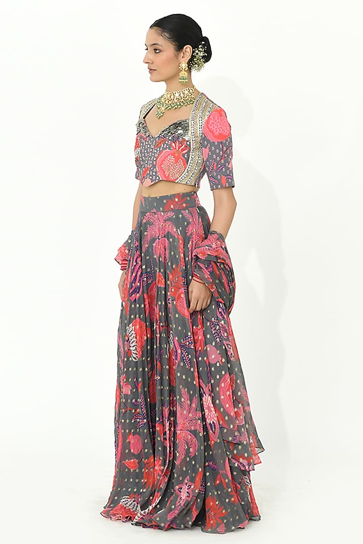 Fossil Grey Crepe & Georgette Hand Embroidered Wedding Lehenga Set by Rishi & Vibhuti at Pernia's Pop Up Shop