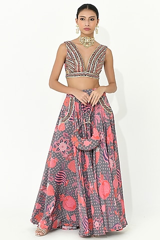 Fossil Grey Crepe Hand Embroidered Skirt Set by Rishi & Vibhuti