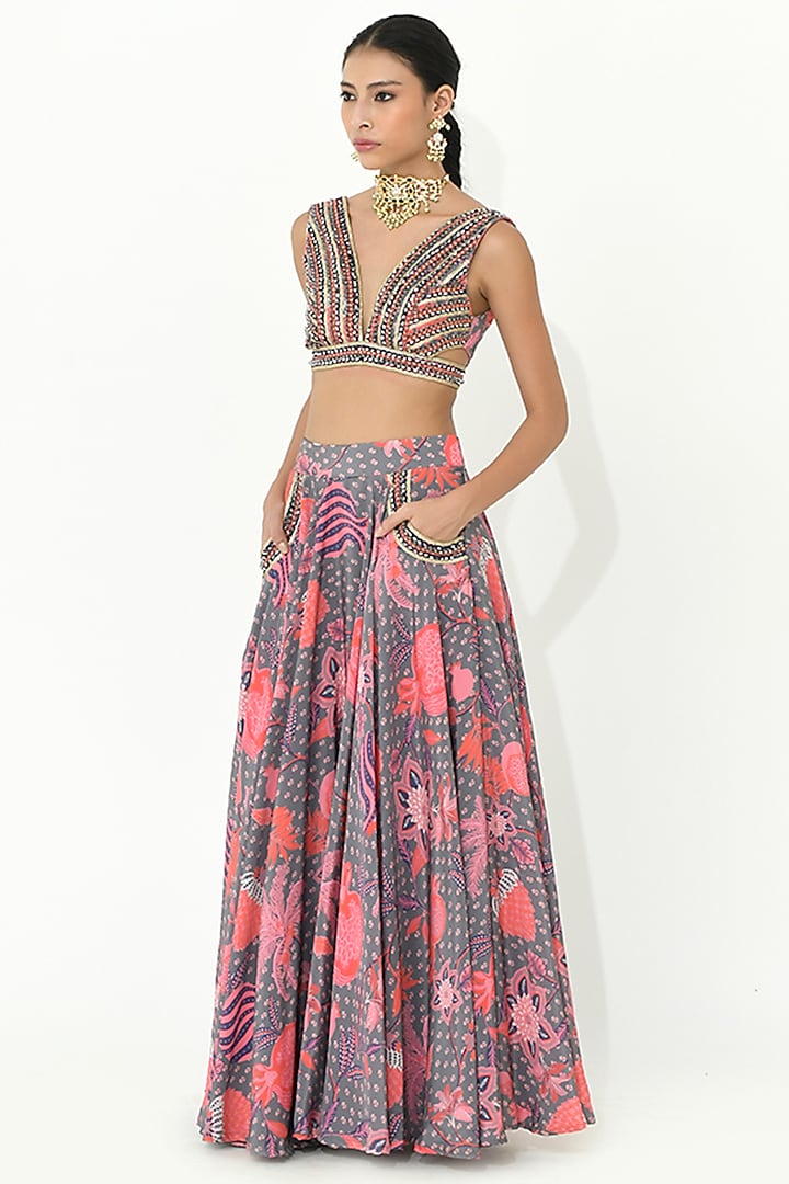 Fossil Grey Crepe Hand Embroidered Skirt Set by Rishi & Vibhuti at Pernia's Pop Up Shop