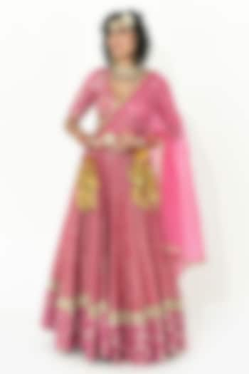 Fuchsia Pink Chanderi & Georgette Embroidered Lehenga Set by Rishi & Vibhuti