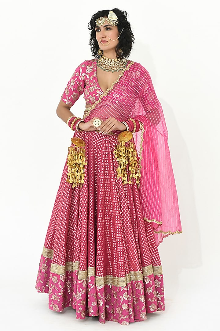 Fuchsia Pink Chanderi & Georgette Embroidered Lehenga Set by Rishi & Vibhuti