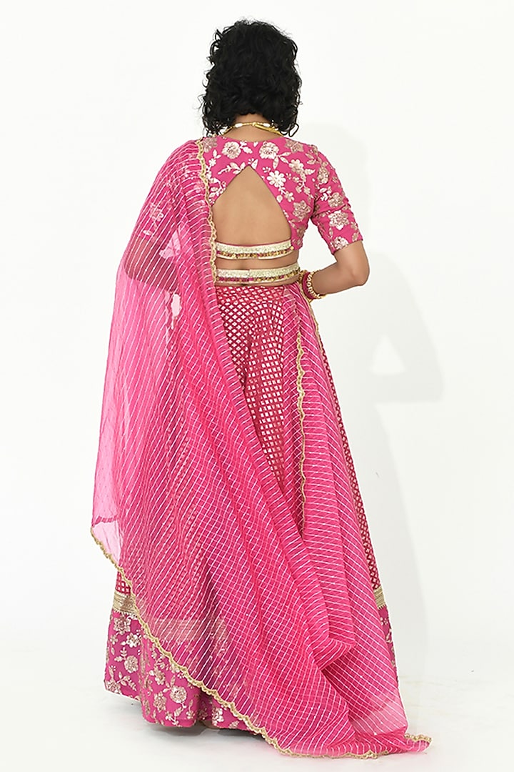 Fuchsia Pink Chanderi & Georgette Embroidered Wedding Lehenga Set by Rishi & Vibhuti at Pernia's Pop Up Shop