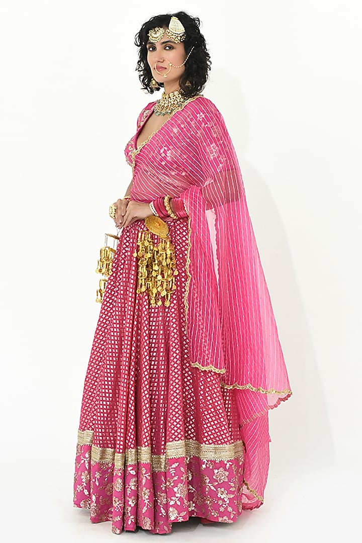 Fuchsia Pink Chanderi & Georgette Embroidered Wedding Lehenga Set by Rishi & Vibhuti at Pernia's Pop Up Shop