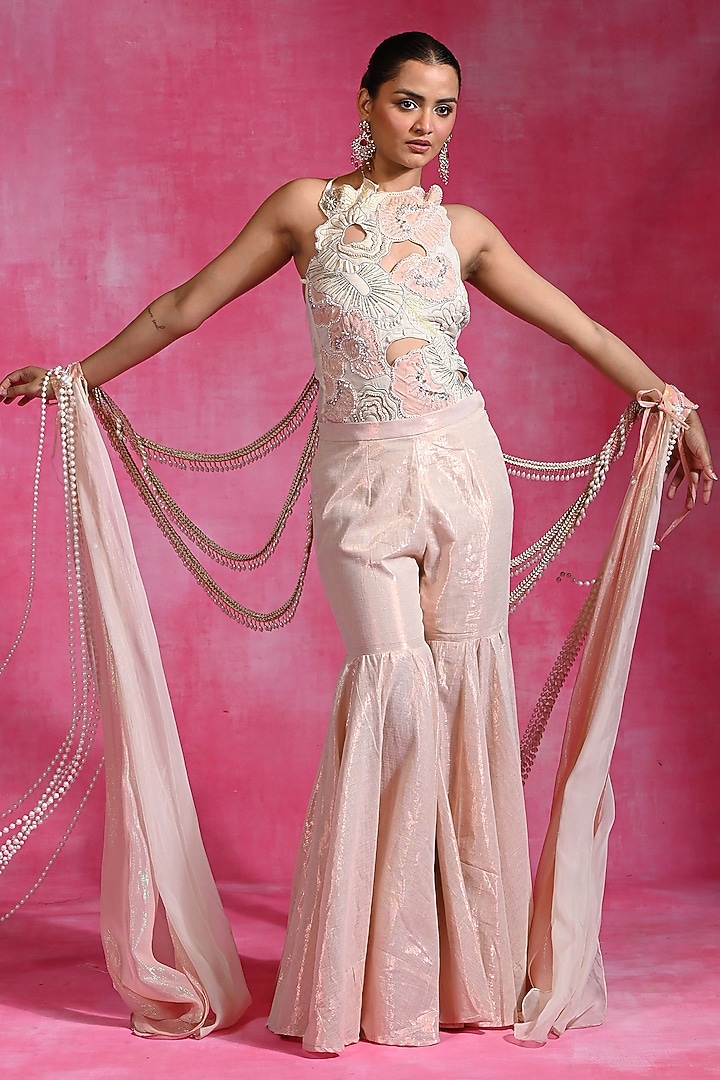 Ebony Ivory Shimmer Luxe Voile & Lycra Net Pant Set by Rishi & Vibhuti at Pernia's Pop Up Shop