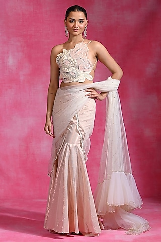 Ebony Ivory Shimmer Luxe Voile & Lycra Net Pant Saree Set by Rishi & Vibhuti