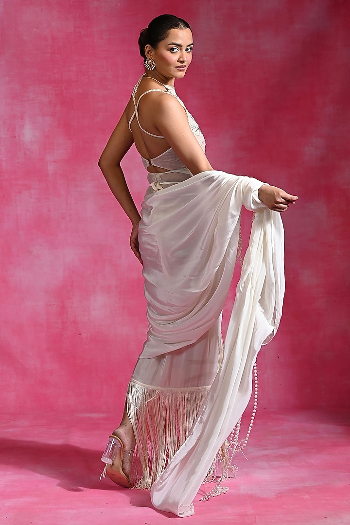 Ebony Ivory Crepe & Lycra Net Hand Embroidered Draped Wedding Saree Set by Rishi & Vibhuti at Pernia's Pop Up Shop